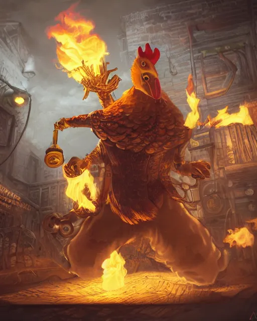 Image similar to Chicken, Anthropomorphized, holding flamethrower, raging, Golden Steampunk city atmosphere, magic the gathering artwork, D&D, fantasy, cinematic lighting, centered, symmetrical, highly detailed, digital painting, artstation, concept art, smooth, sharp focus, illustration, volumetric lighting, epic Composition, 8k, art by Akihiko Yoshida and Greg Rutkowski and Craig Mullins, heroic pose, oil painting, cgsociety