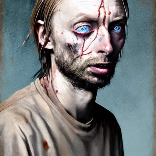 Image similar to young thom yorke as a zombie looking unsure, 7 days to die zombie, fine art, award winning, intricate, elegant, sharp focus, cinematic lighting, rimlight, digital painting, 8 k concept art, art by z. w. gu, art by brom, art by michael hussar, 8 k