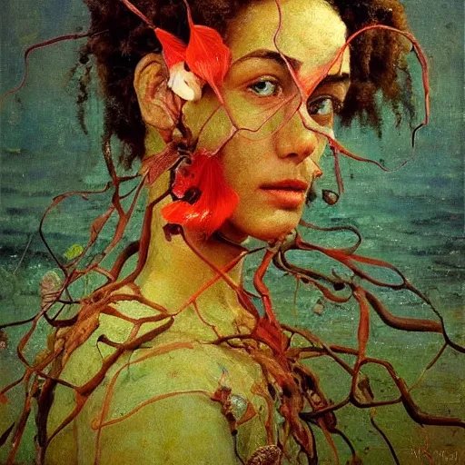 Image similar to a sculpture portrait made of seaweed and coral and shells and lilies, painting part by wojciech siudmak, part by ilya repin, part by max ernst, part by norman rockwell, artstation