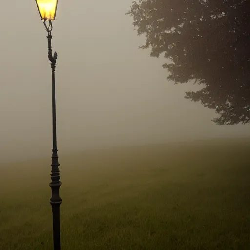 Prompt: a victorian street lamp in a foggy field at dusk, indigo sky