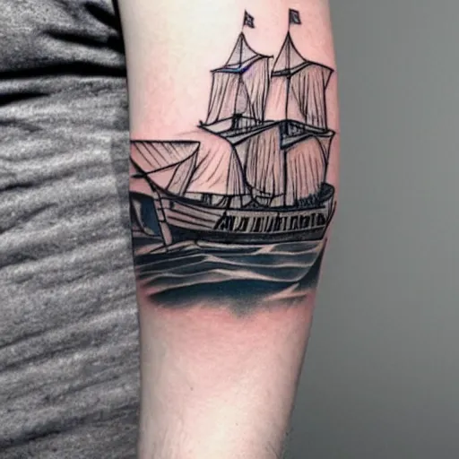 Image similar to a pirate ship sailing in the sea, realism tattoo design with amazing shades, clean white paper background, in the style of david vega