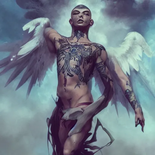 Image similar to very attractive beautiful androgynous fallen angel with shaved head on one side and with tattoos on his body falling through the sky, beautiful, hd, high detailed, 4 k, art by greg rutkowski