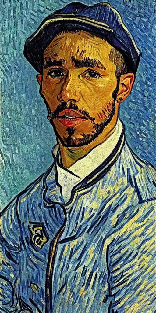 Image similar to portrait of Sir Lewis Hamilton by Van Gogh