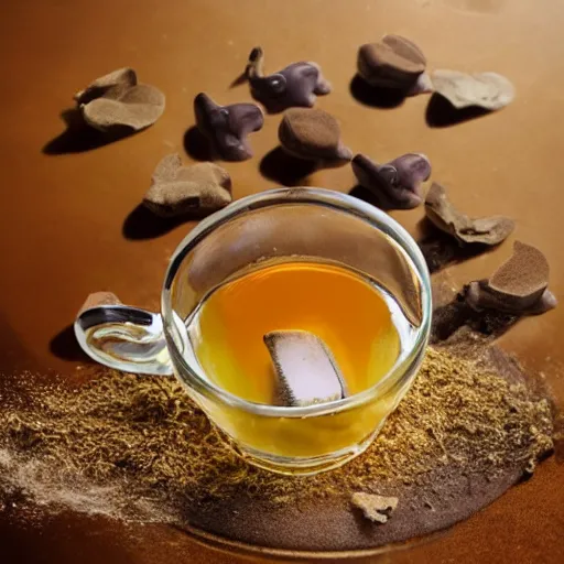 Image similar to Wish horse stable teabag in a tcup. Great value stable shaped shed flavoured teabags. Great for horse lovers. Photograph of a teabag brewing in water, dslr, hd, award winning shot. shed in a cup.