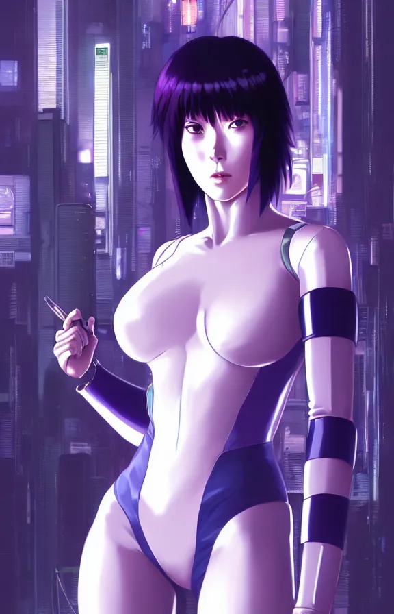 Image similar to a still fullbody portrait of motoko kusanagi ghost in the shell, finely detailed features, closeup at the faces, perfect art, at a cyberpunk city, gapmoe yandere grimdark, trending on pixiv fanbox, by ilya kuvshinov, rossdraws, artgerm