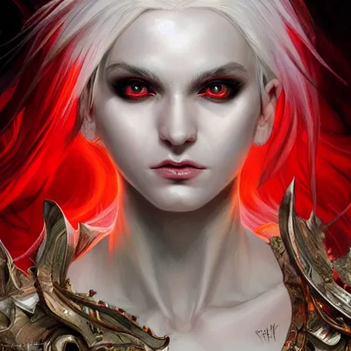 Image similar to ultra realistic illustration, dream humanoid demon girl with white hair, red horns, in white clothes, red eyes, intricate, elegant, highly detailed, digital painting, artstation, concept art, smooth, sharp focus, illustration, art by artgerm and greg rutkowski and alphonse mucha