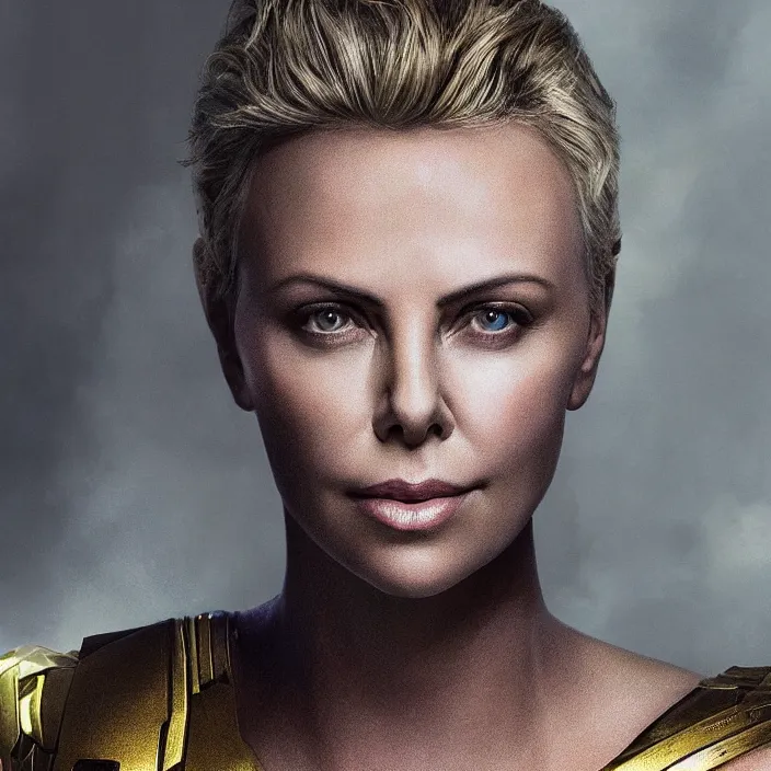 Image similar to portrait of (Charlize Theron), wearing The Infinity Gauntlet!! intricate artwork. octane render, trending on artstation, very coherent symmetrical artwork. thanos. cinematic, hyper realism, high detail, octane render, 8k, iridescent accents