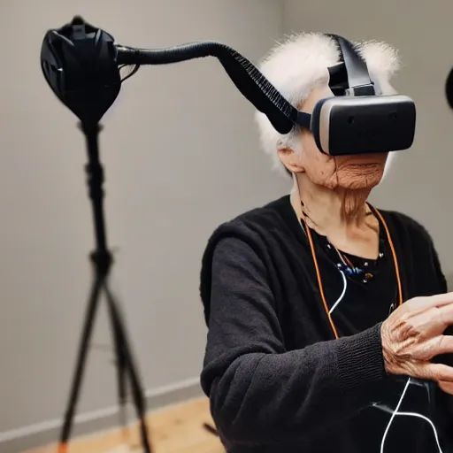 Image similar to very old woman with vive trackers and vr headset recording mocap