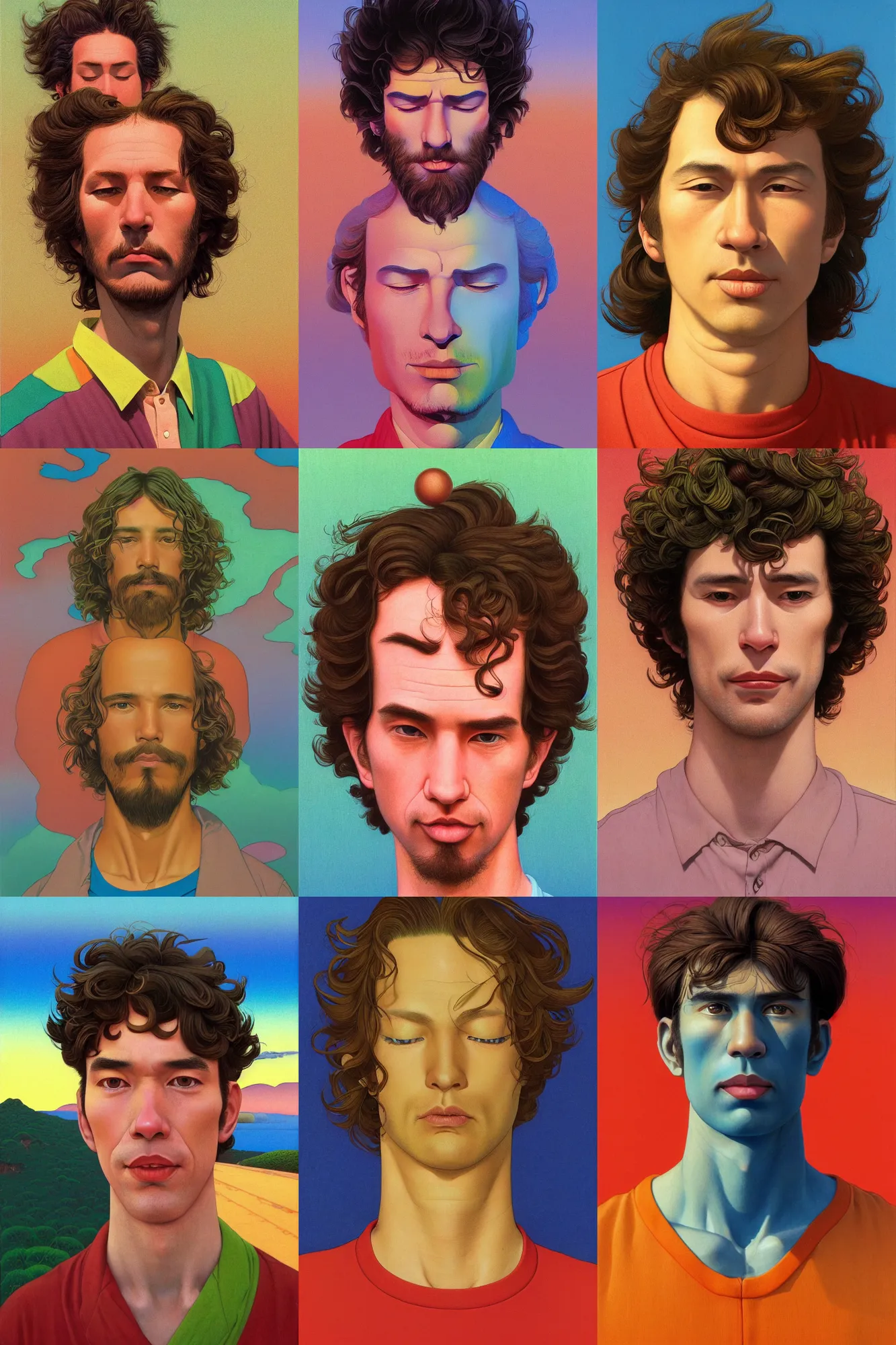 Prompt: a colorful vibrant closeup portrait of a simple caucasian man with curly mid length brown hair with a calm aesthetic face and psychedelic hair, by kawase hasui, moebius, edward hopper and james gilleard, zdzislaw beksinski, steven outram colorful flat surreal design, hd, 8 k, artstation