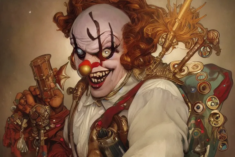 Image similar to full portrait of warhammer 4 0 clown, fantasy, detailed, by alphonse mucha, adolfo hohenstein, alice russell glenny, stanley artgerm lau, greg rutkowski, detailed, trending on artstation, trending on artstation, smooth