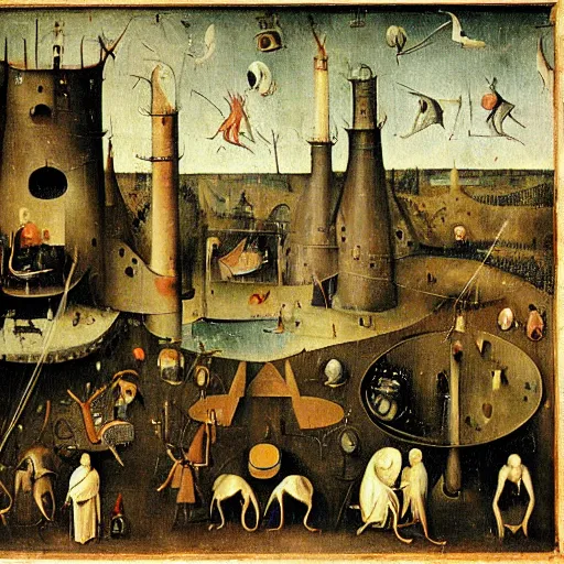 Image similar to a depication of a factory in the style of Hieronymus Bosch.