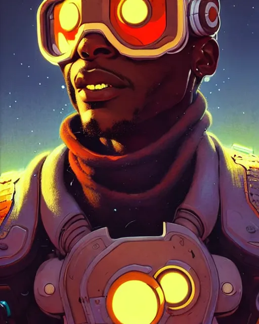 Prompt: baptiste from overwatch, character portrait, portrait, close up, concept art, intricate details, highly detailed, vintage sci - fi poster, retro future, in the style of chris foss, rodger dean, moebius, michael whelan, and gustave dore