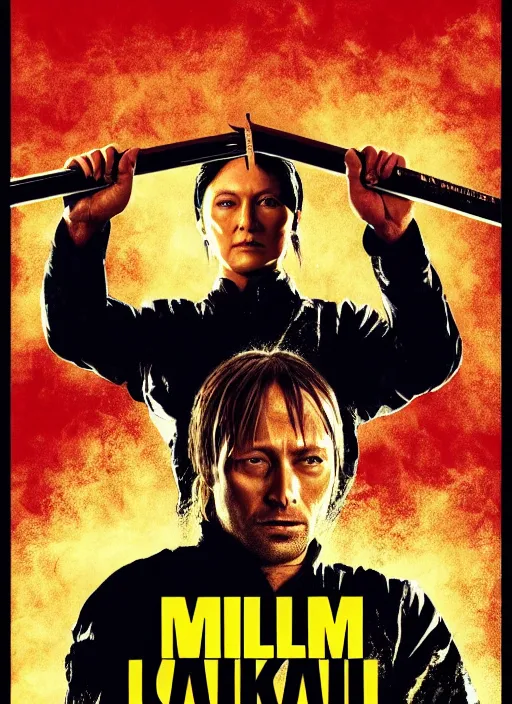 Image similar to movie poster of Mads Mikkelsen in Kill Bill, highly detailed, HD, 4K