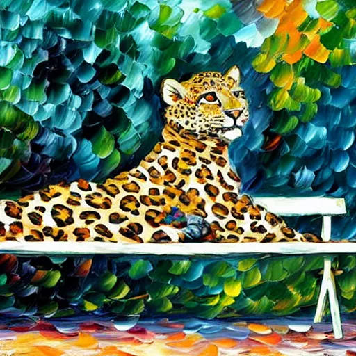 Image similar to by leonid afremov leopard print exciting. a sculpture of a blind woman sitting on a bench in a park in new york city