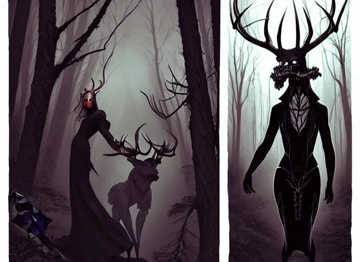 Image similar to style artgerm, joshua middleton, steve niles, diego fazio, j. c. leyendecker : : scary wendigo with antlers and skull face mixed with werewolf : : [ beautiful witch wearing a black dress, symmetrical face, on the right side ] : : in the forest, detailed, dark and foggy, cinematic lighting