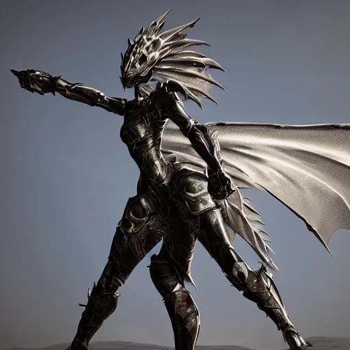 Image similar to highly detailed realistic stunning shot of a beautiful elegant anthropomorphic female dragon knightess doing a majestic pose, armor made of steel, sharp claws and tail, cloak flittering in the wind, high quality, HD octane render, epic cinematography, Artstation, Deviantart, Furaffinity