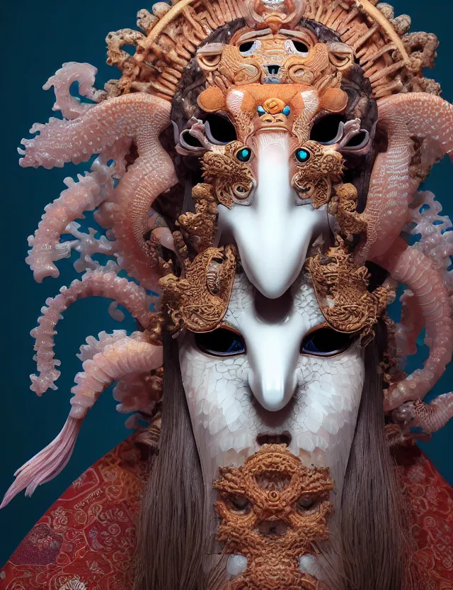 Image similar to 3 d goddess close - up frontal portrait with ram skull. beautiful intricately detailed japanese crow kitsune mask and clasical japanese kimono. betta fish, jellyfish phoenix, bio luminescent, plasma, ice, water, wind, creature, artwork by tooth wu and wlop and beeple and greg rutkowski