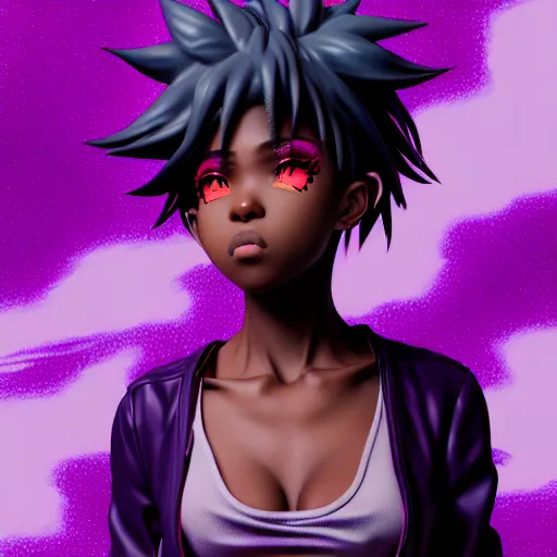 Image similar to portrait of black anime manga girl, boxer punch pose, french bob hair!!!!!, white hair, wearing camo, purple eyes, by gustave dore, vaporwave colors, lofi colors, vaporwave, lofi, goth vibe, 4 k, smooth, hd, substance designer render, full body character concept art, 2 point lighting,