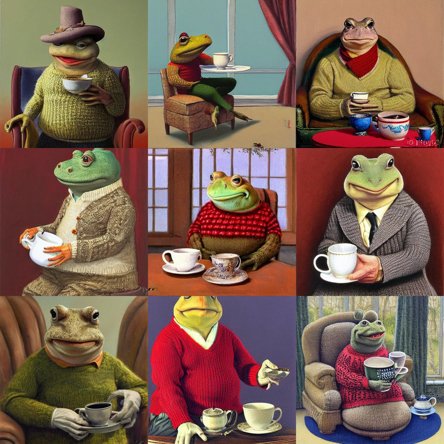 Prompt: Mr toad sipping a cup of tea while wearing a knit sweater and sitting in an armchair. Painting by James Gurney