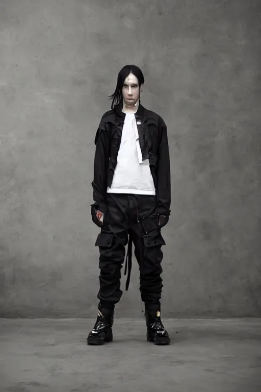 Prompt: Hypermaximalist avant garde cargo pants, black with chrome accents, product photography, Rick Owens, Yohji Yamamoto, Y3,