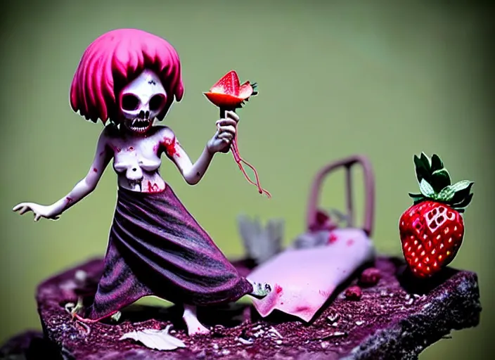 Prompt: a very sad femo figurine of a cute funny undead strawberry fairy zombie with bandages wearing a dirty floral torn strawberry dress featured on dark souls by beksinski and gamesworkshop, carrying survival gear, wearing strawberry backpack, shambling aimlessly in the night, dark melancholic atmosphere, 🎀 🧟 🍓 🧚