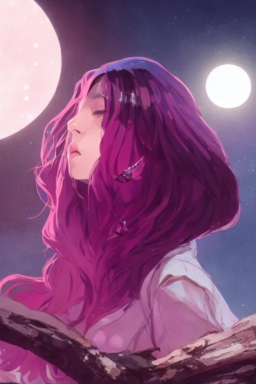 Prompt: A beautiful woman with medium magenta hair covering her face basking in the moonlight on an obsidian crystal bed below planets, tall tree, cinematic lighting, dramatic atmosphere, by Dustin Nguyen, Akihiko Yoshida, Greg Tocchini, Greg Rutkowski, Cliff Chiang, 4k resolution, trending on artstation