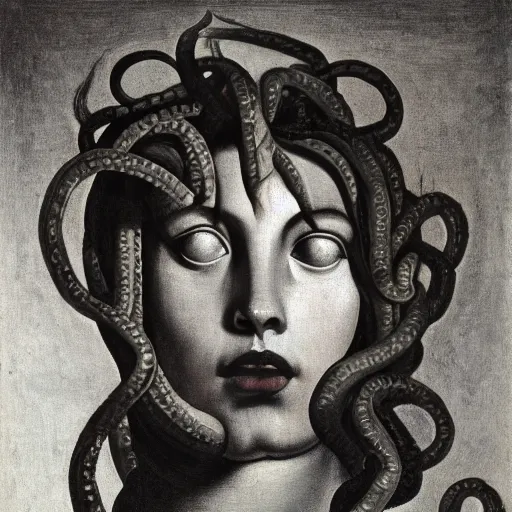 Image similar to Medusa by Caravaggio with face of Marjorie Taylor Greene