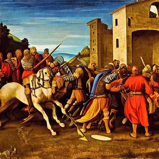 Prompt: A clash between medieval armies in Tuscany by Tiziano Vecellio, oil painting, Renaissance style