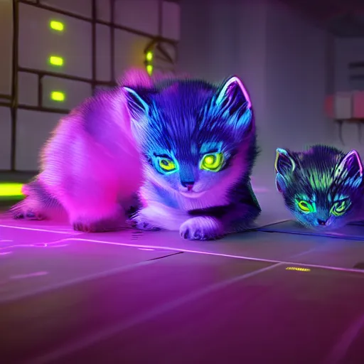 Prompt: iridescent kittens cyperpunk 2 0 7 7 fluorescent, unreal engine 5, 8 k ultra realistic, hyperdetailed, volumetric lighting, extremely high quality