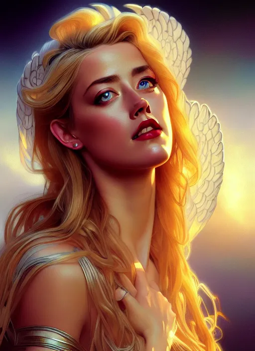 Image similar to portrait of amber heard as an blonde angel, wings, bible, intricate, headshot, highly detailed, digital painting, artstation, concept art, sharp focus, cinematic lighting, illustration, art by artgerm and greg rutkowski, alphonse mucha, cgsociety