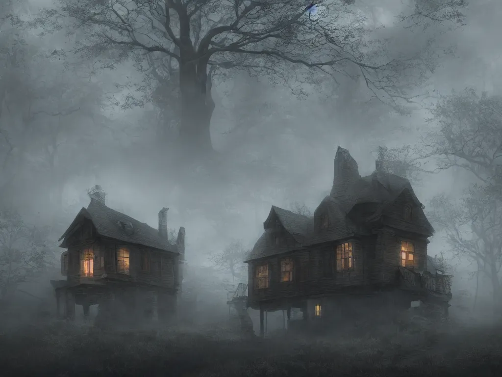 Image similar to house on the hounted hill, horror, creepy, surreal, dreamscape, high quality, ultradetailed, sharp, artstation, 4 k, volumetric fog