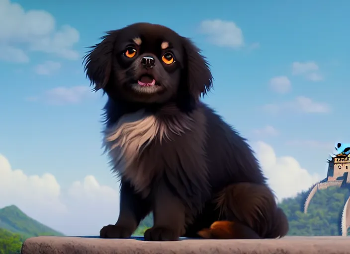Prompt: a wholesome animation key shot of a black tibetan spaniel, great wall of china in the background, studio ghibli, pixar and disney animation, sharp, rendered in unreal engine 5, anime key art by greg rutkowski, bloom, dramatic lighting