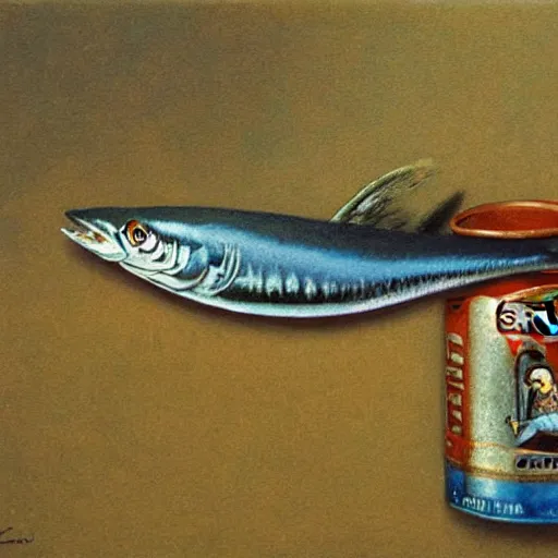 Prompt: sardine in a can, extremely detailed masterpiece, illustration, colorful, by michael sowa,