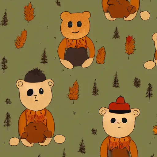 Image similar to autumnal woods with teddy bears, in the style of over the garden wall