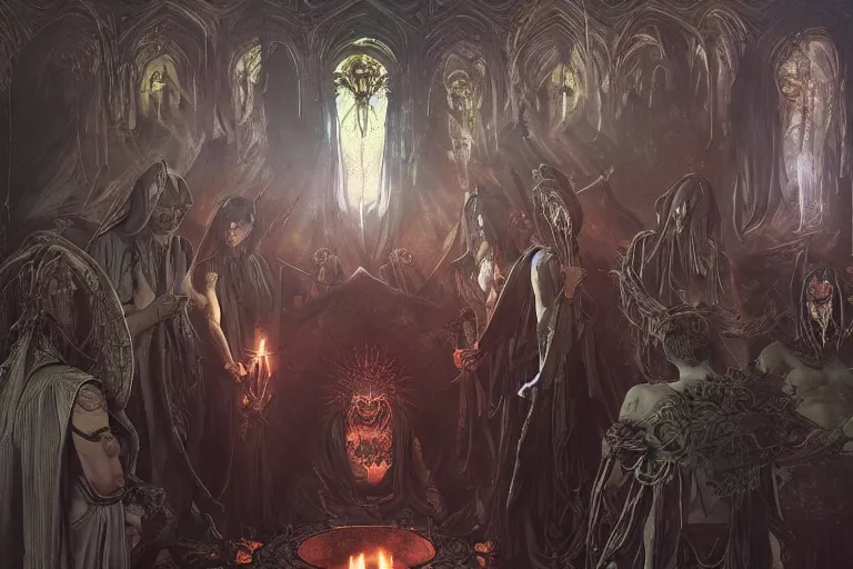 Image similar to painting of evil occult ritual with hooded cult members, demonic shrine, ultra realistic, concept art, intricate details, eerie, highly detailed, photorealistic, octane render, 8 k, unreal engine. art by artgerm and greg rutkowski and alphonse mucha