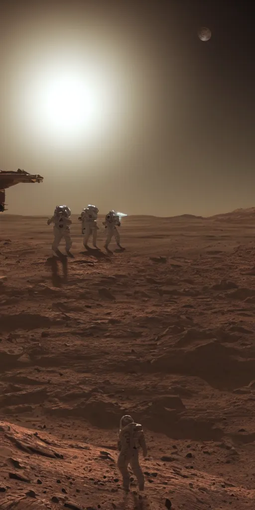 Image similar to concept art, american astronauts in the distance + new lightweight spacesuit landing on mars, musk's mars migration program, cyberpunk, backlight, epic, high detail, 8 k, octane rendering, unreal engine.