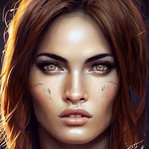 Image similar to a humanoid fox with a face inspired by megan fox, intricate, elegant, highly detailed, digital painting, artstation, glamor pose, concept art, smooth, sharp focus, illustration, art by artgerm and greg rutkowski, artey freytag