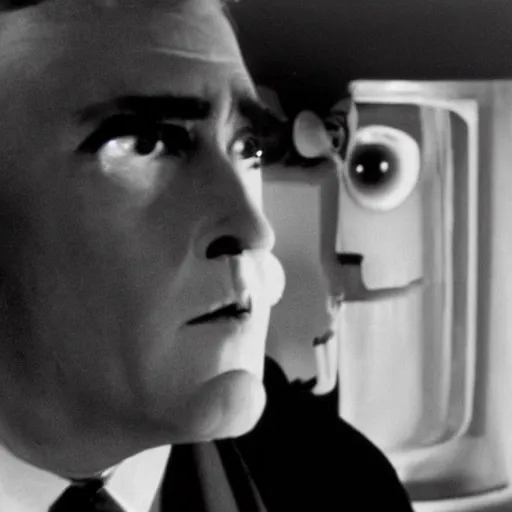 Image similar to movie still of a man and a robot in a moment of jealousy, movie by david lynch