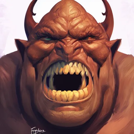 Image similar to An orc smiling into the camera, portrait, artstation, by Alex Flores