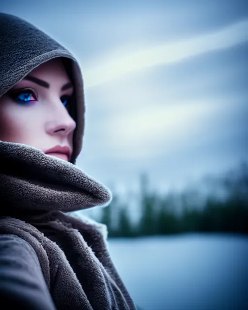 Prompt: an extremely detailed masterpiece portrait of a beautiful dark hooded nordic female out of focus spaceship technology in background, 3 5 mm, cinematic shot, photorealistic, depth of field