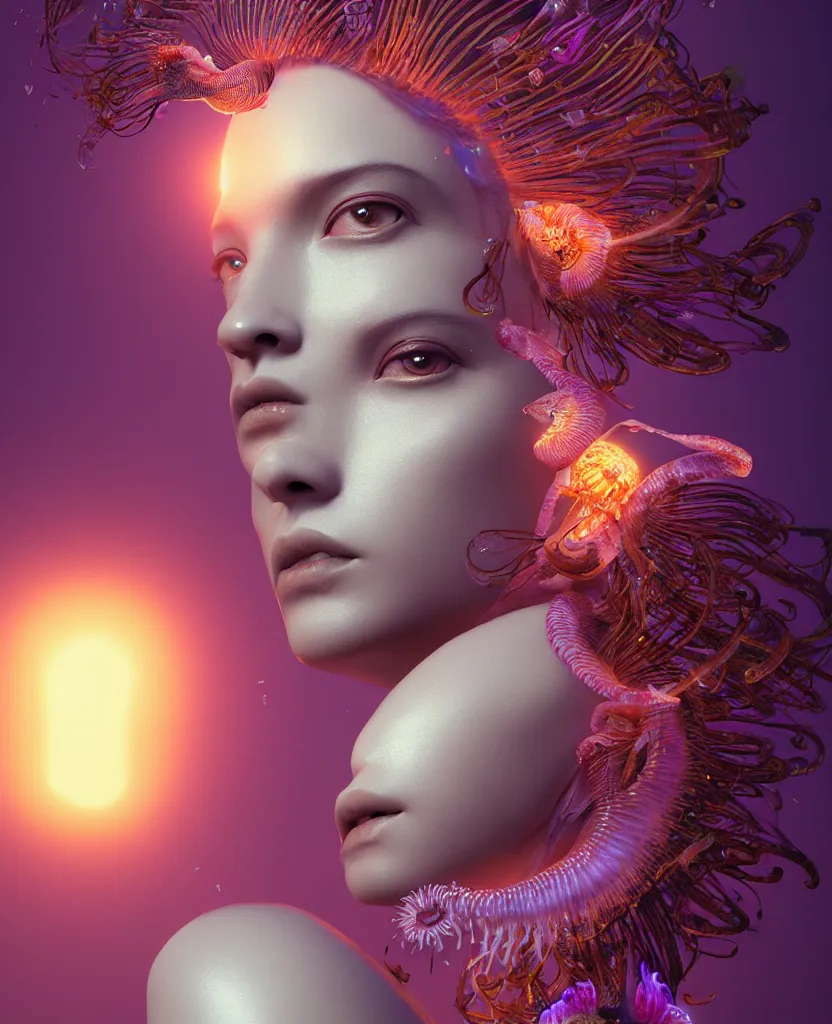 Image similar to goddess close-up portrait. orchid jellyfish phoenix head, nautilus, skull, betta fish, bioluminiscent creatures, intricate artwork by Tooth Wu and wlop and beeple. octane render, trending on artstation, greg rutkowski very coherent symmetrical artwork. cinematic, hyper realism, high detail, octane render, 8k