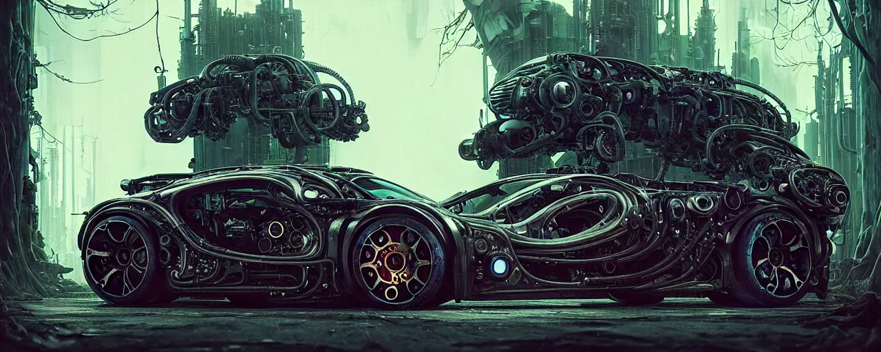 Prompt: shiny cyberpunk vehicle reminiscent of bugatti chiron with robotic enhancements parked in ancient mystic woods, gothic and baroque, brutalist architecture, ultradetailed, creepy ambiance, fog, artgerm, giger, Intricate by Ellen Jewett and Josan Gonzalez and Giuseppe Arcimboldo