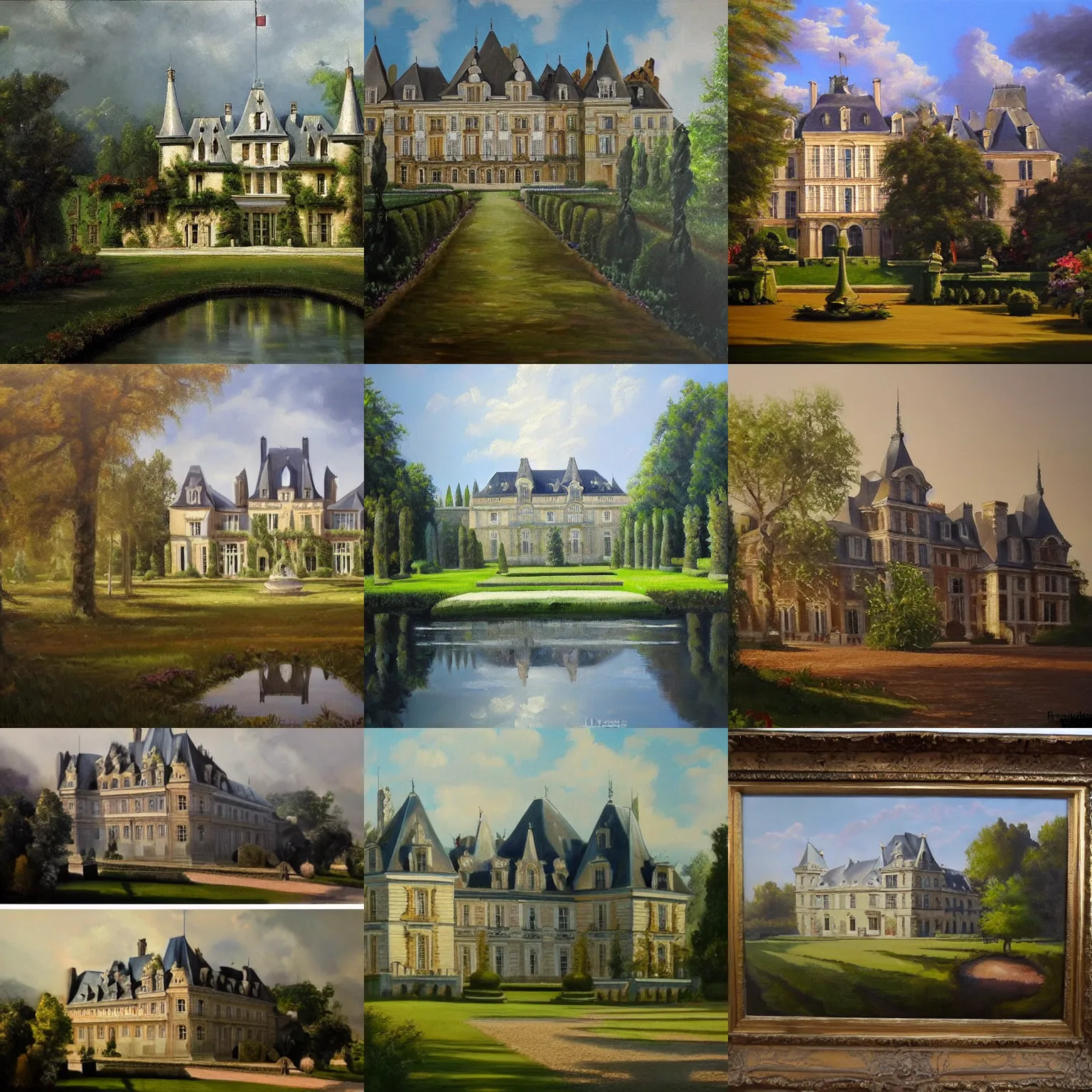 Prompt: an incredible oil painting of a big french chateau, with a french garden, concept art, trending on deviantart