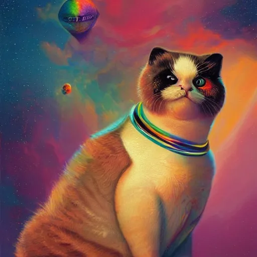 Image similar to a dramatic body portrait of an obese cat with rainbows and space behind it, cinematic lighting, symmetric face by karol bak, christopher balaskas