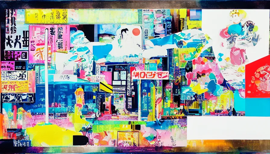 Prompt: Japan travel and adventure, minimalist negative space white acrylic base coat, mixed media collage painting by Jules Julien, Leslie David and Lisa Frank, muted colors with minimalism, neon color mixed collage cutout details