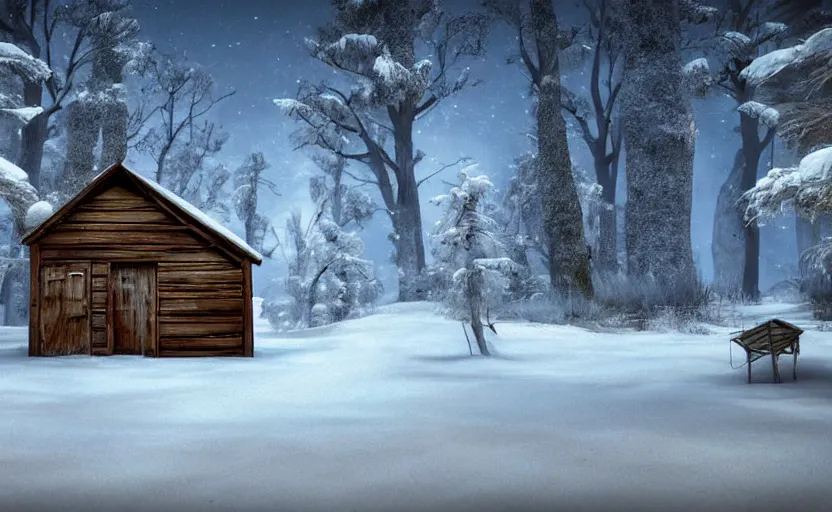 Image similar to A abandoned wooden hut in a winter forest environment concept, northern lights, horror game, artstation