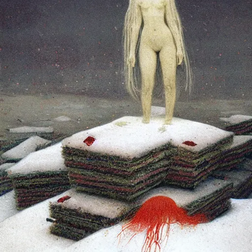 Image similar to a surrealist painting of a lonely woman with white skin and red hair standing over pile of bodies in post apocalyptic snowy landscape, painted by beksinski