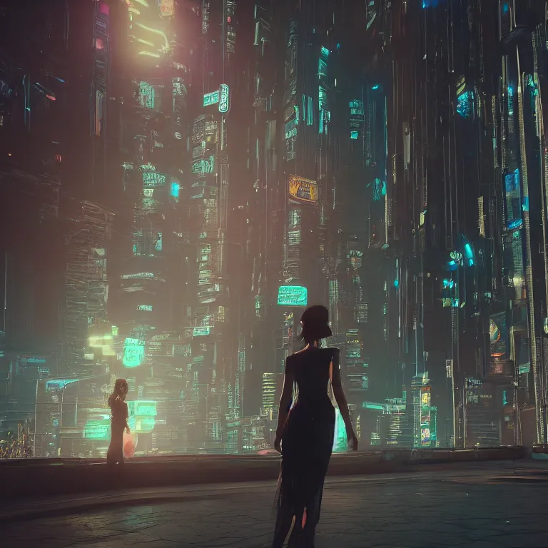 Prompt: Woman in the evening dress in the cyberpunk city by Ivan Lopez, photorealistic, unrealengine, 3d render, 8k resolution