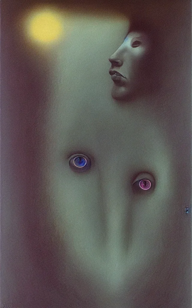 Image similar to iridescent spirit of desire and fear cruel beautiful spirit (androgynous) with golden eyes lunar mythos ambient fog, award winning oil painting by Zdzisław Beksiński, distinct color palette