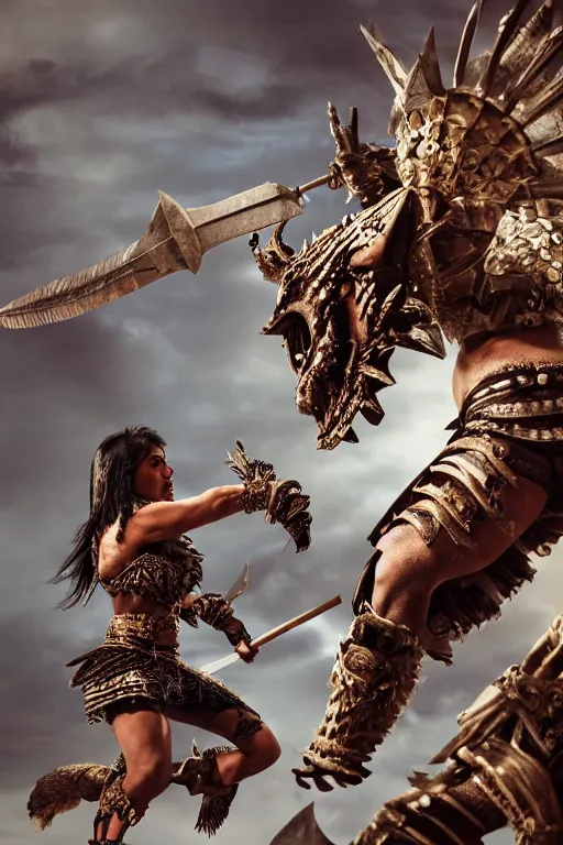 Prompt: action fight, aztec princess fights barbarians,rich Aztec jaguar armor,ligtt sword, vertical composition, inspired by monster hunter and westerns, muscular body, clean beautiful symmetrical face, subtle make up, epic,dramatic lighting, cinematic, establishing shot, extremely high detail, photorealistic, brutal, provocative , cinematic lighting, artstation, octane render, dark fantasy ,old photo, vintage, black and white